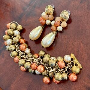 Vintage 80’s Cha Cha Bracelet & Earrings Set; Geometric Gold Tone and Faux Pearl